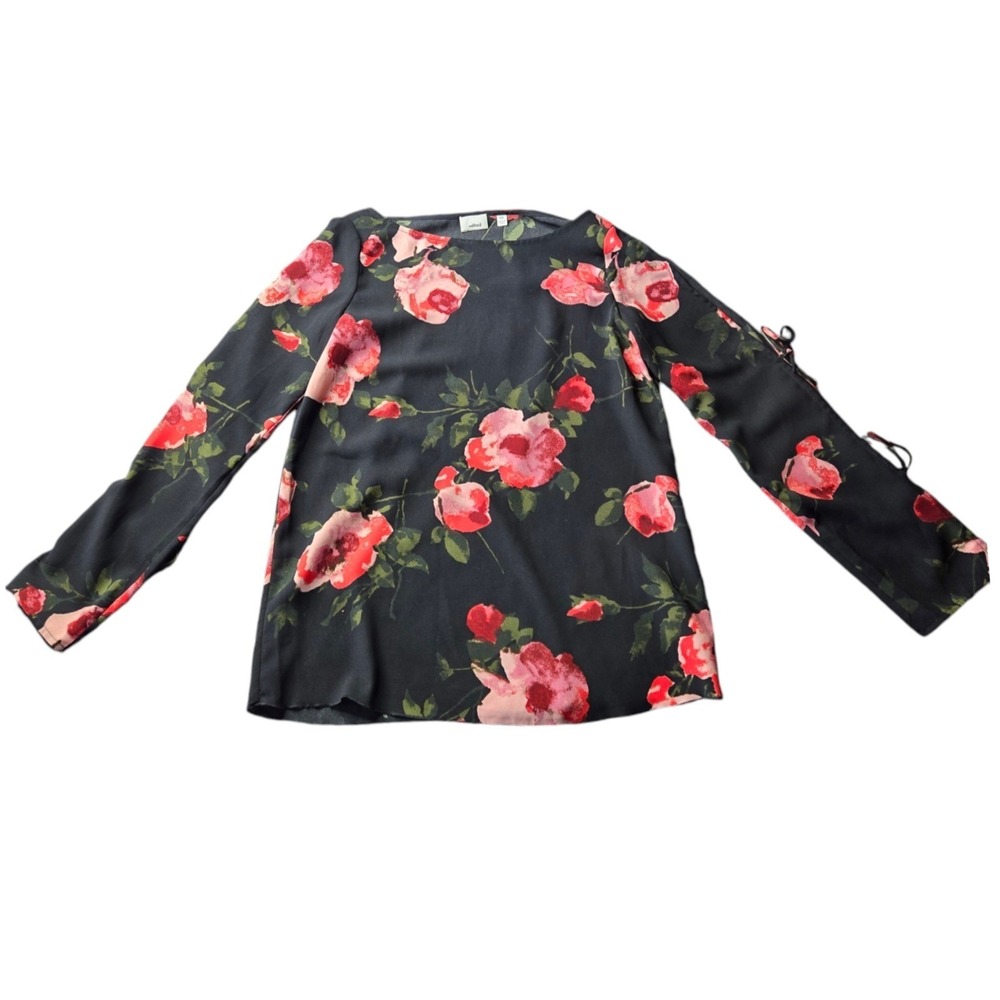 Aritzia Wilfred Blouse Womens XXS Floral Pozzi Tie Bell Sleeve Crepe Romantic